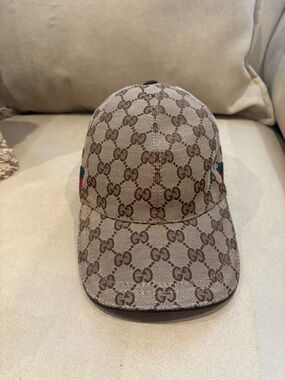 Gucci Beige/Brown GG Monogram Baseball Cap with Red & Green Stripe